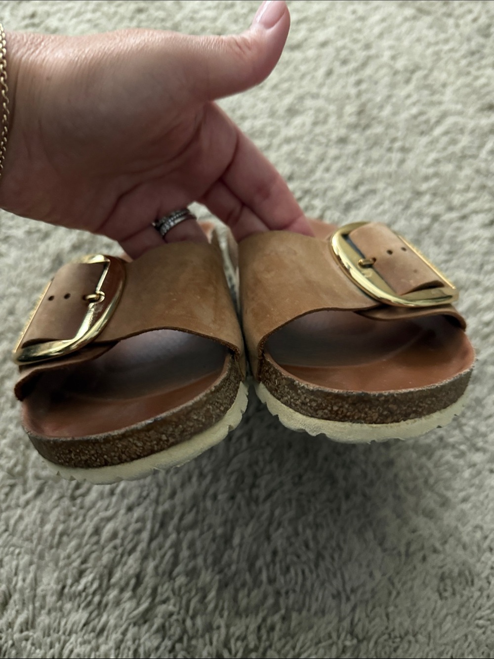 Madrid Birkenstock Brown Leather Single-Strap Slides with Gold Buckles - Picture 4 of 5